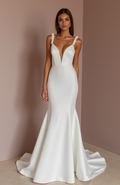 Deep V-Neck Satin Wedding Dress with Floral Strap Detail