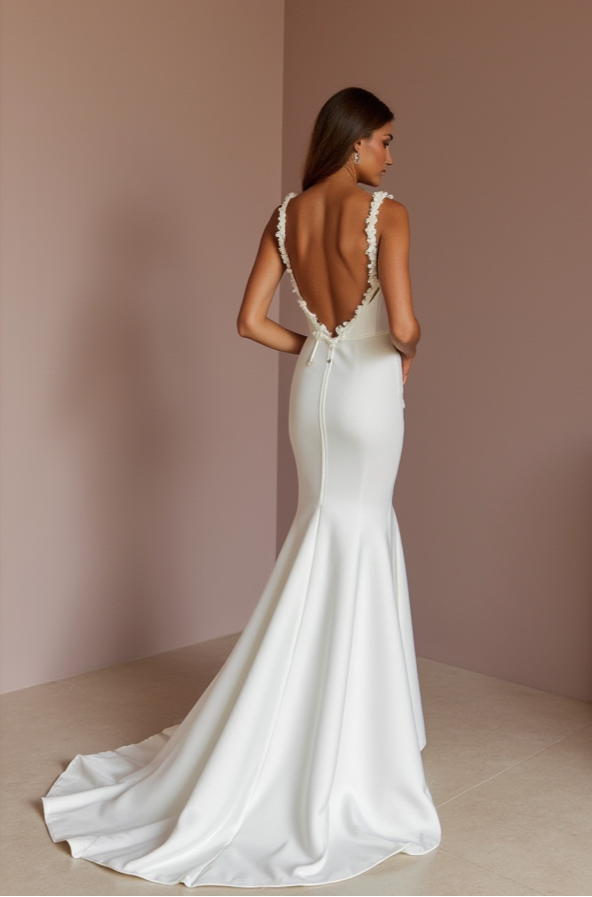 Deep V-Neck Satin Wedding Dress with Floral Strap Detail