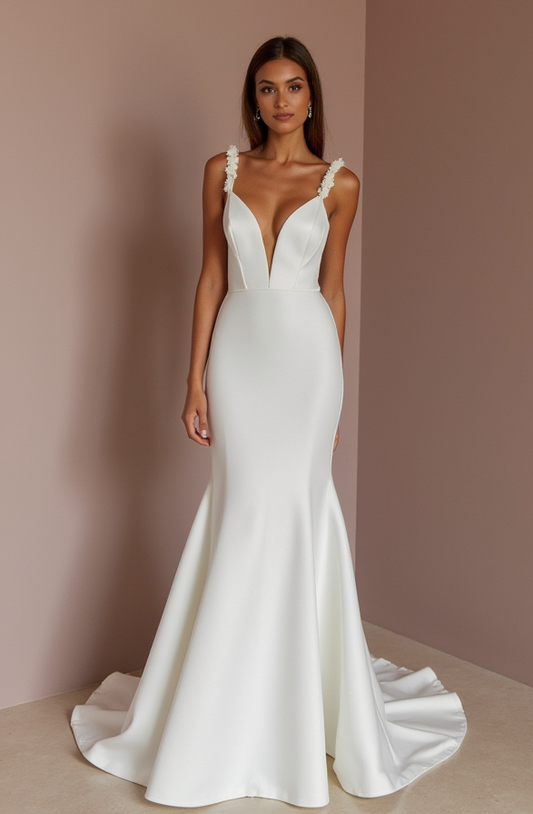 Deep V-Neck Satin Mermaid Wedding Dress with Floral Straps