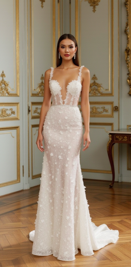 Ethereal Floral Lace Sheer Wedding Gown with Satin Belt