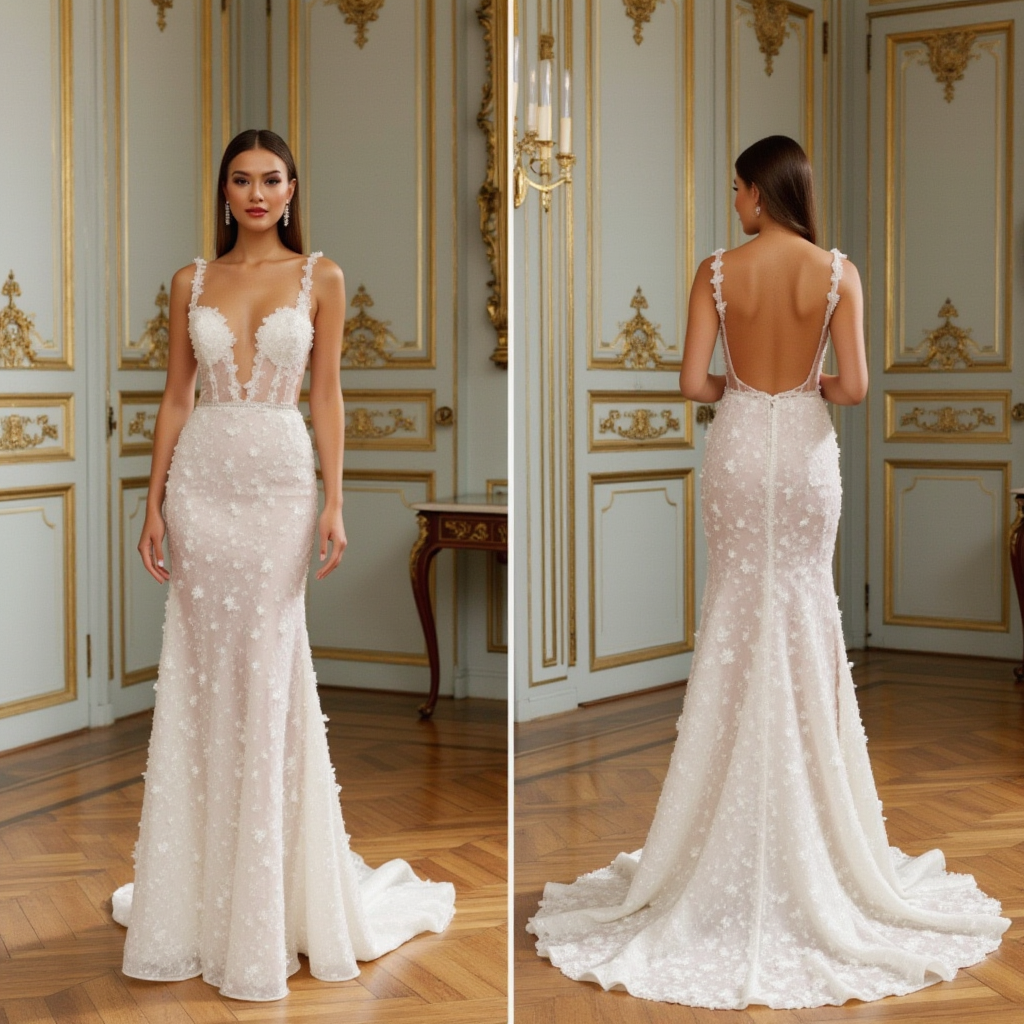 Elegant 3D Floral Lace Wedding Dress with Deep V-Neck & Open Back