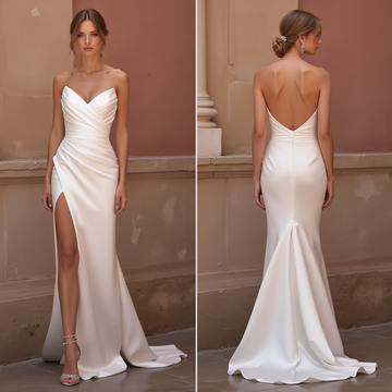 Elegant Satin Wedding Dress with Draped Bodice and Thigh-High Slit