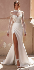 Modern Sheer Pearl-Embellished Wedding Gown with High Neck & Slit Skirt