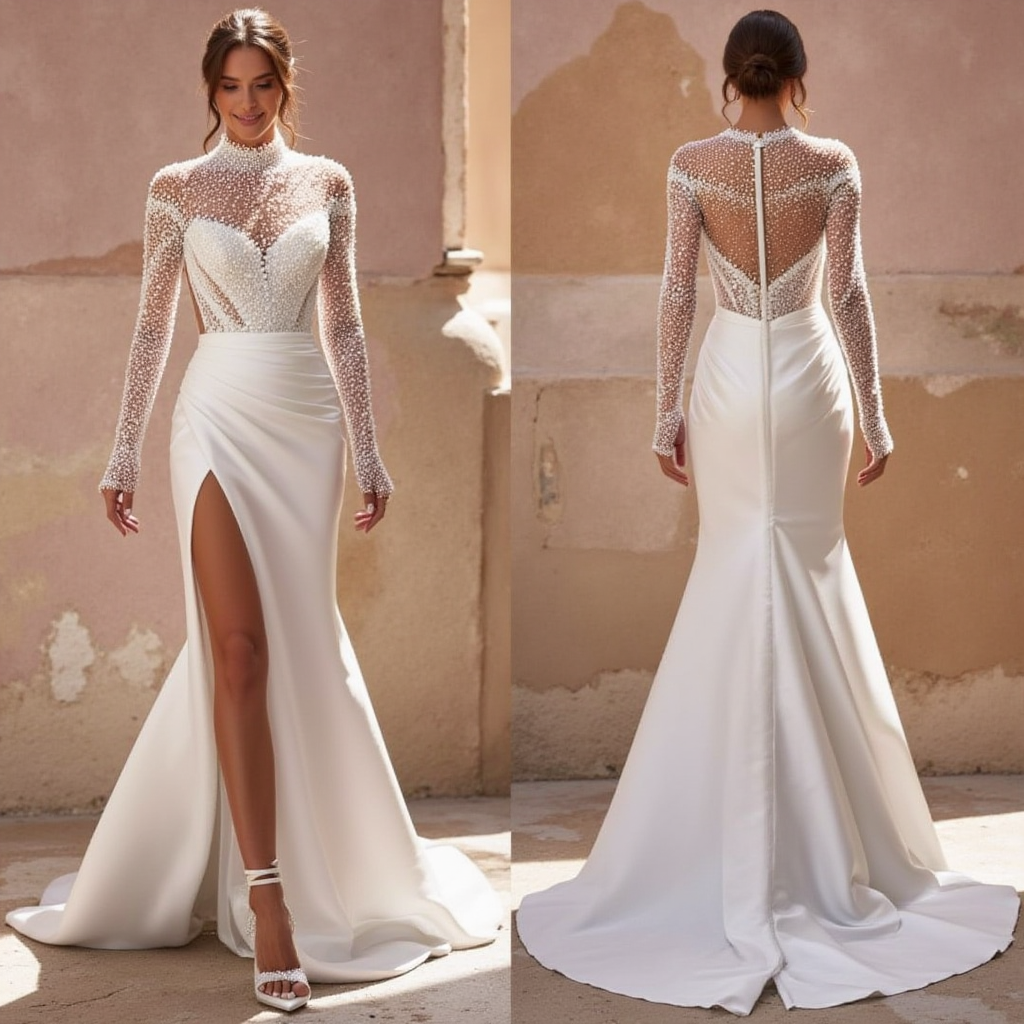 Modern Sheer Pearl-Embellished Wedding Gown with High Neck & Slit Skirt