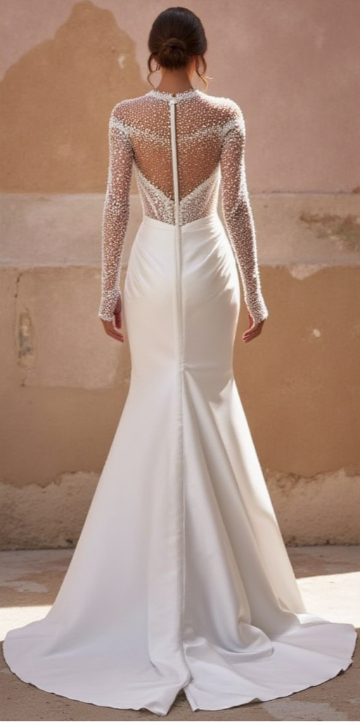 Modern Sheer Pearl-Embellished Wedding Gown with High Neck & Slit Skirt