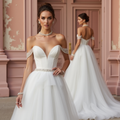 Elegant Off-Shoulder Tulle Wedding Dress with Beaded Waist and Sweetheart Neckline