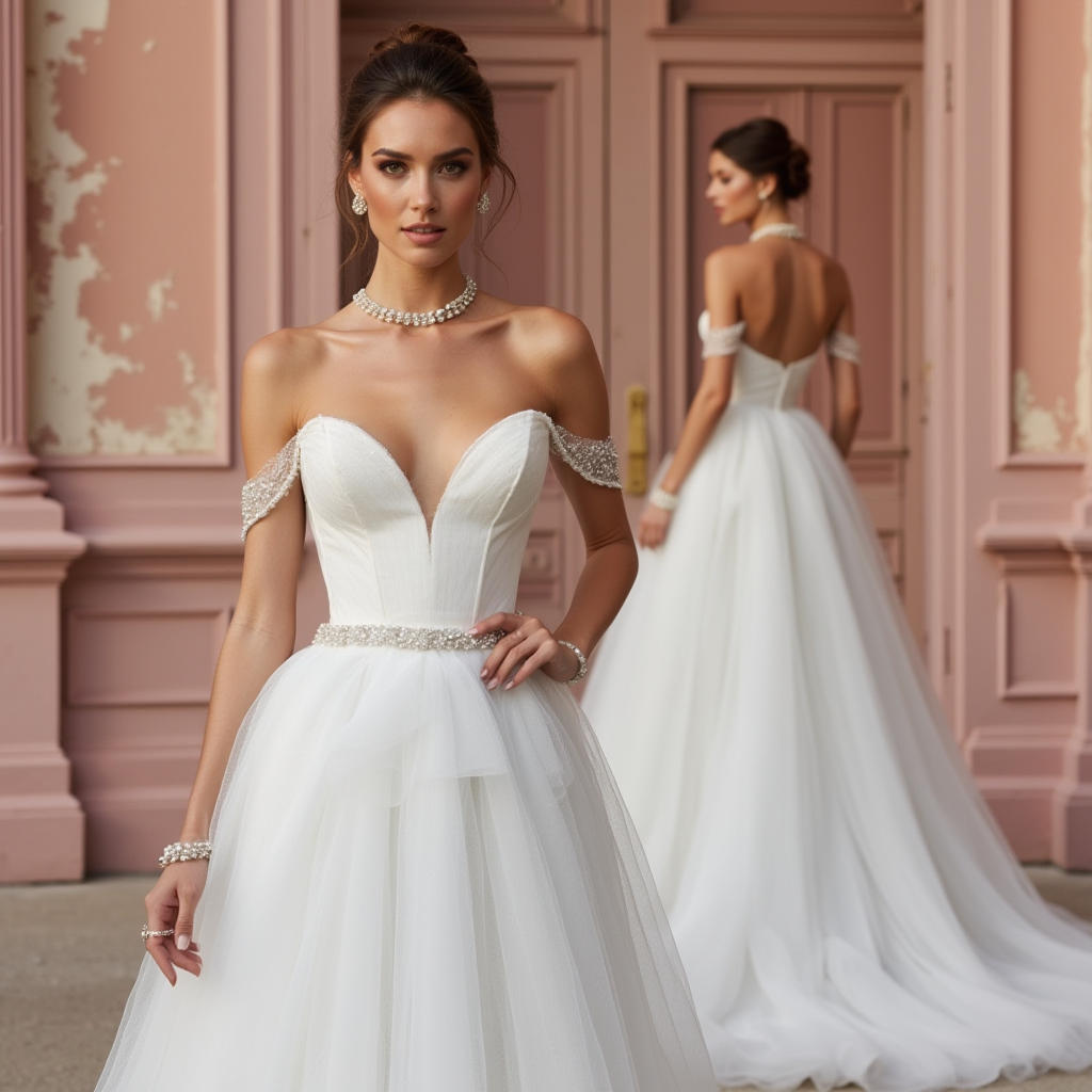 Elegant Off-Shoulder Tulle Wedding Dress with Beaded Waist and Sweetheart Neckline