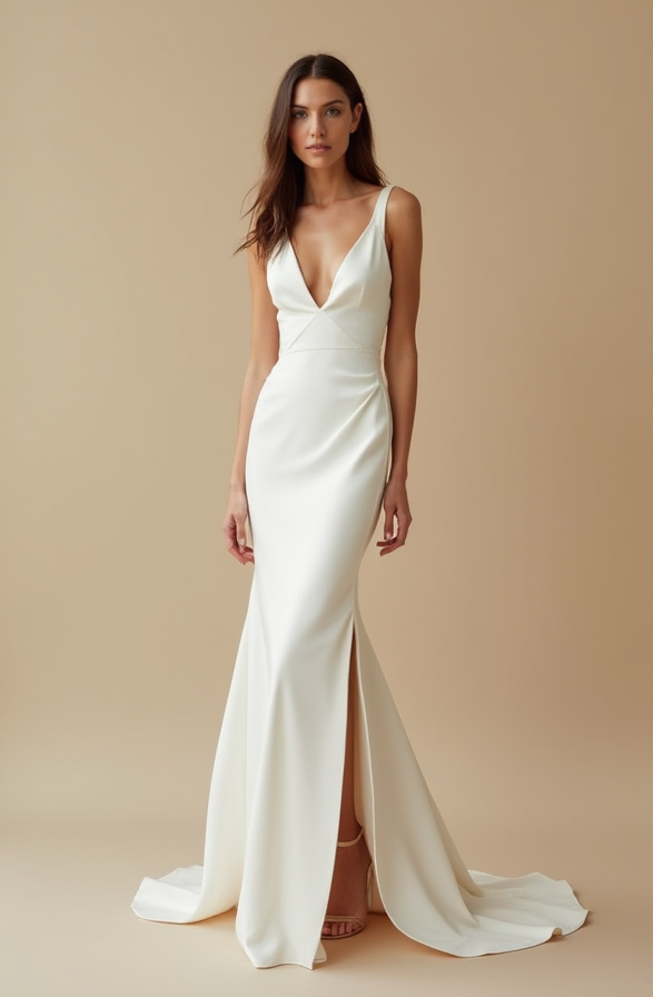 Modern Ivory Wedding Dress with Train and Slit