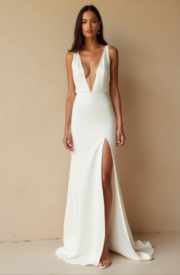 Minimalist Plunging Ivory Wedding Gown