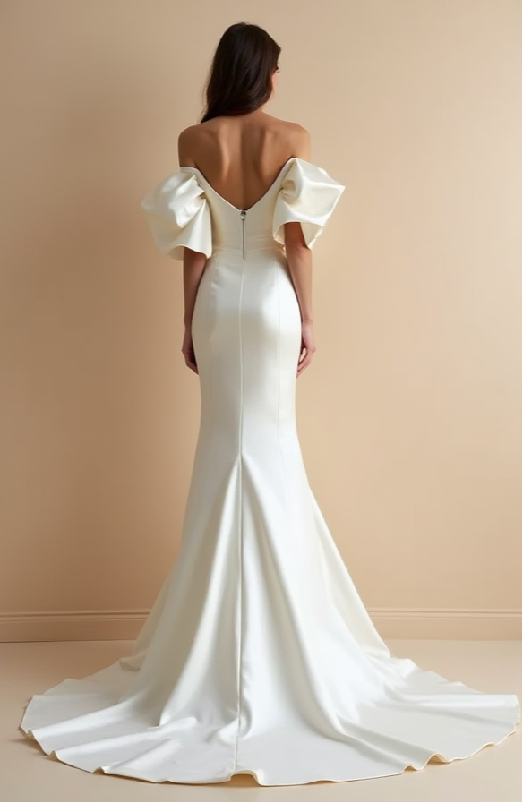 Plunging V-Neck Satin Wedding Gown with Sheer Sleeves