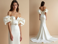 Plunging V-Neck Satin Wedding Gown with Sheer Sleeves