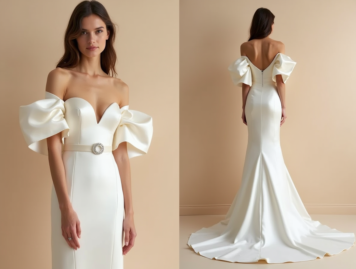 Plunging V-Neck Satin Wedding Gown with Sheer Sleeves