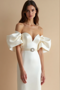 Plunging V-Neck Satin Wedding Gown with Sheer Sleeves