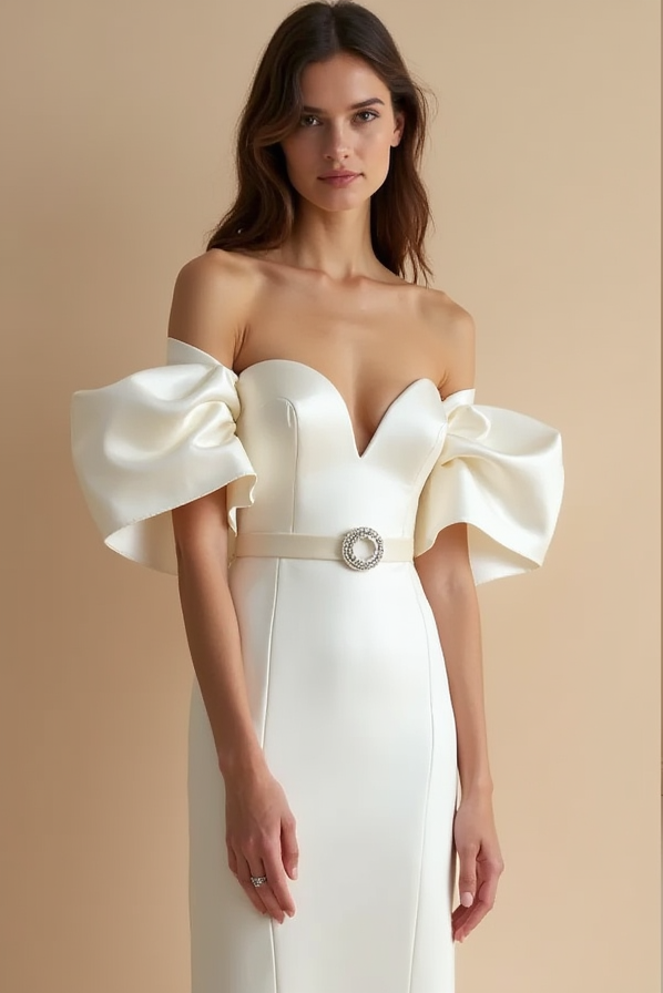 Plunging V-Neck Satin Wedding Gown with Sheer Sleeves