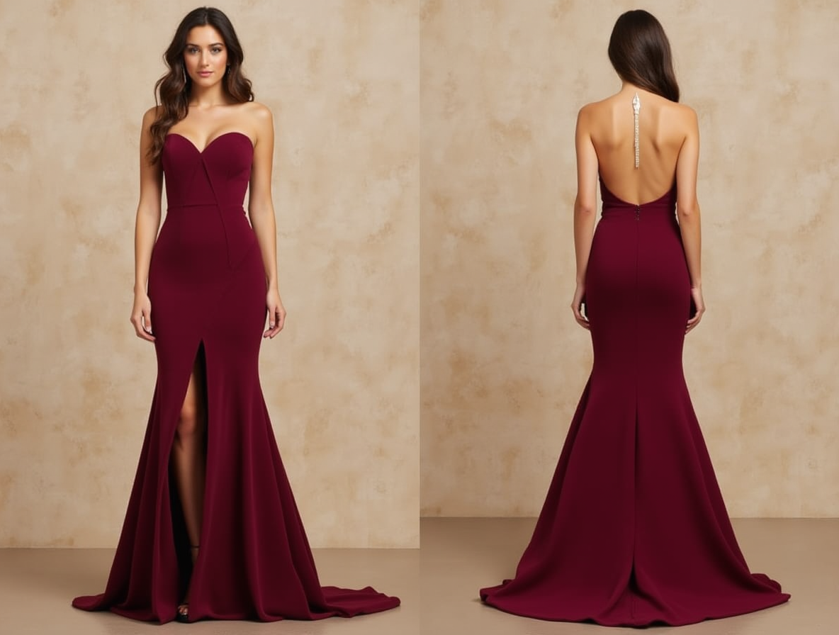 Burgundy Strapless Gown with Front Slit
