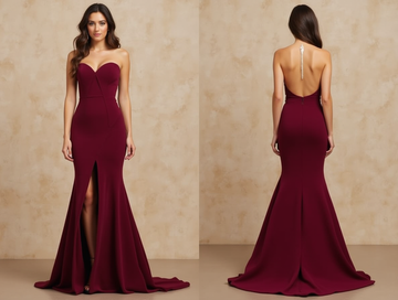 Burgundy Strapless Gown with Front Slit
