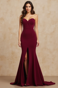 Burgundy Strapless Gown with Front Slit
