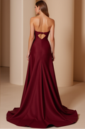 Sweetheart Burgundy Evening Gown with High Slit – Open Back Design

