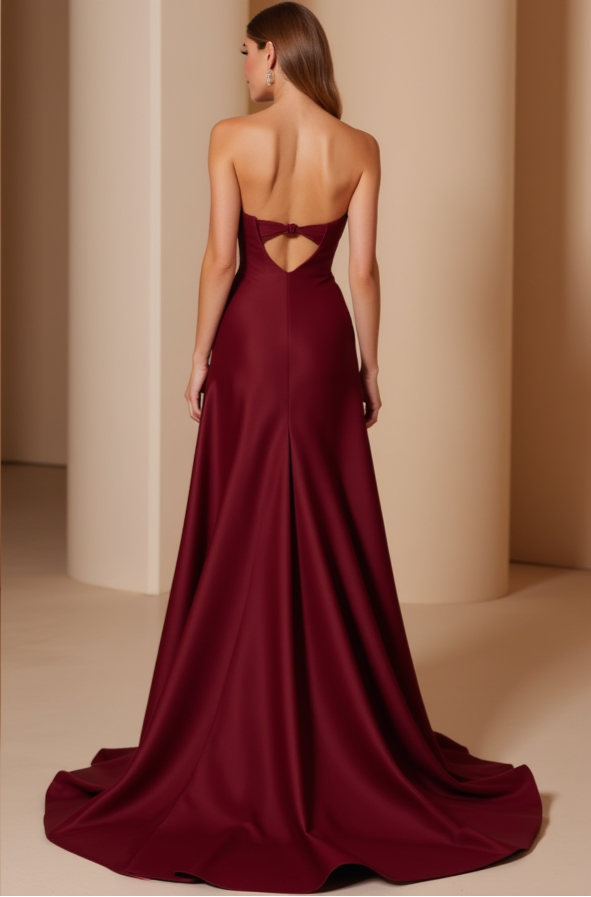 Sweetheart Burgundy Evening Gown with High Slit – Open Back Design

