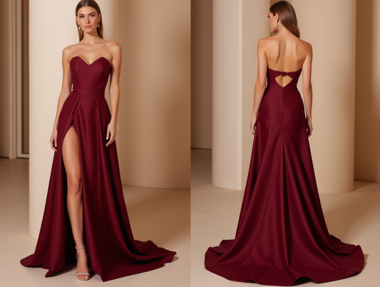 Sweetheart Burgundy Evening Gown with High Slit – Open Back Design

