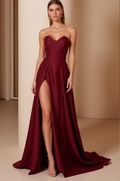 Sweetheart Burgundy Evening Gown with High Slit – Open Back Design

