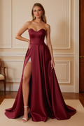 Burgundy Ball Gown with Glitter Detail and Thigh Slit – Strapless Dress

