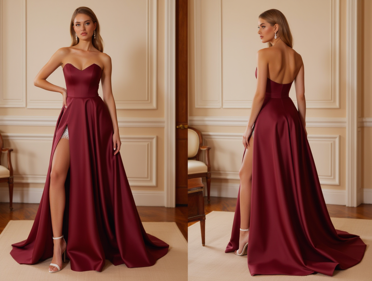 Burgundy Ball Gown with Glitter Detail and Thigh Slit – Strapless Dress

