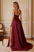 Burgundy Ball Gown with Glitter Detail and Thigh Slit – Strapless Dress

