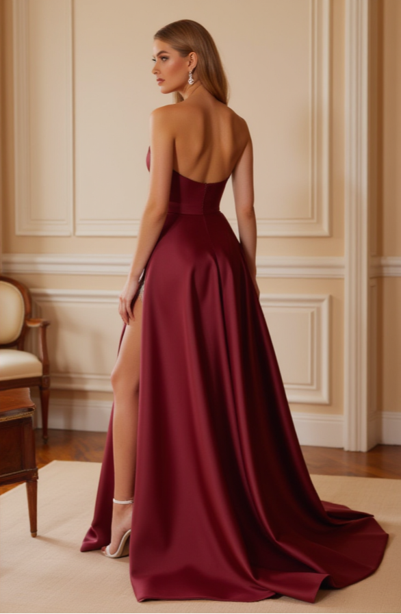 Burgundy Ball Gown with Glitter Detail and Thigh Slit – Strapless Dress

