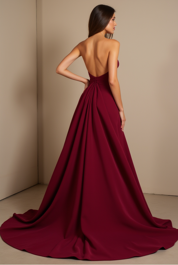 Strapless Burgundy Gown with Front Slit – Satin Formal Dress