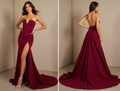 Strapless Burgundy Gown with Front Slit – Satin Formal Dress

