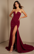 Strapless Burgundy Gown with Front Slit – Satin Formal Dress